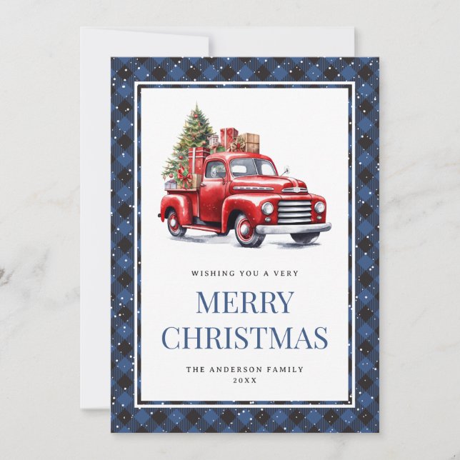 Red Truck Blue Buffalo Plaid Watercolor Christmas Holiday Card (Front)