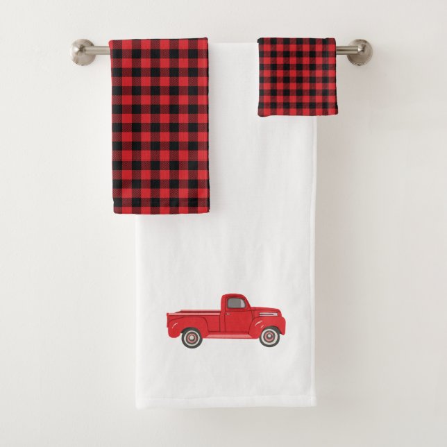 Red Truck Buffalo Check Pattern Bath Towel Set (Insitu)
