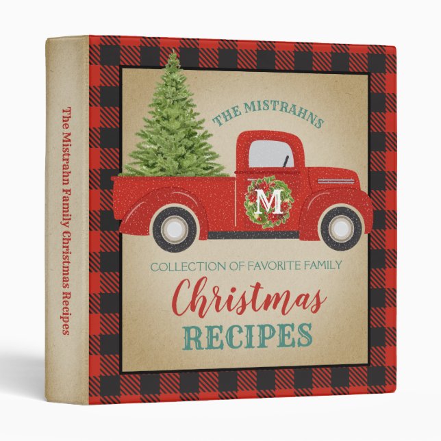 Red Truck Buffalo Plaid Christmas Recipes Cookbook Binder (Front/Spine)