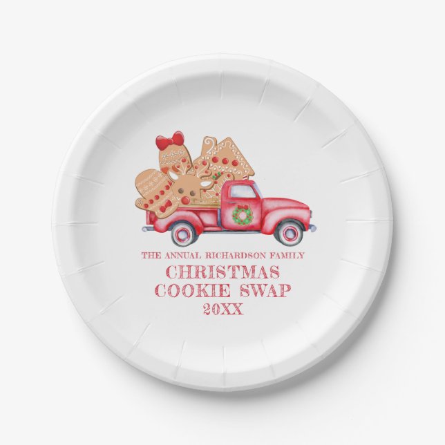 Red Truck Christmas Cookie Swap Paper Plate (Front)