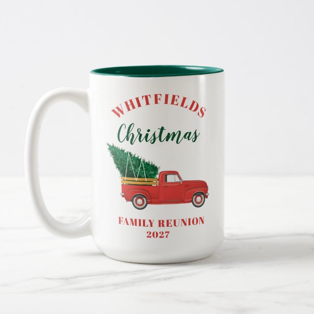 Red Truck Christmas Family Reunion Custom Two-Tone Coffee Mug (Left)