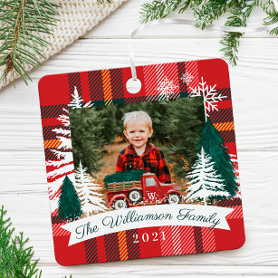 Red Truck Christmas Tree Delivery Red Plaid Photo Metal Ornament