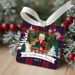 Red Truck Christmas Tree Delivery Red Plaid Photo  Metal Ornament<br><div class="desc">Rustic farm fresh Christmas trees family photo keepsake metal ornament. The ornament can be customized with the family name, the year, monogram, and photo. Red checkerboard plaid background with rustic pine trees and snowflakes and our hand-drawn red watercolor vintage truck caring a Christmas tree. The family name is displayed in...</div>