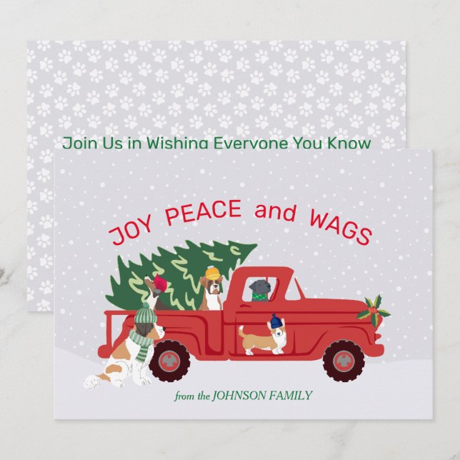 Red Truck Christmas Tree Dogs Riding Christmas Card (Front/Back)