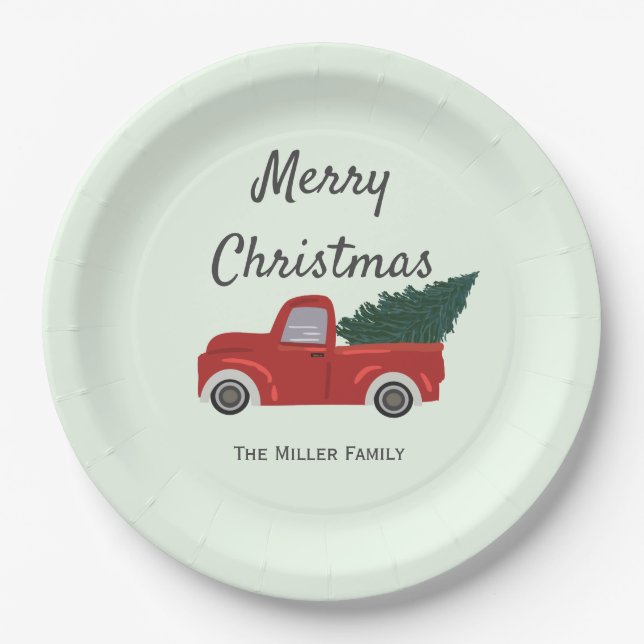 Red truck Christmas tree Paper Plate (Front)