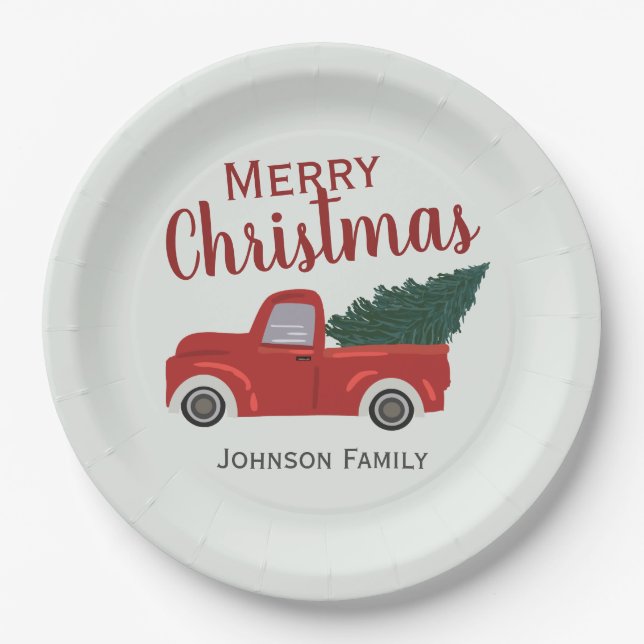 Red truck Christmas tree personalize Paper Plate (Front)