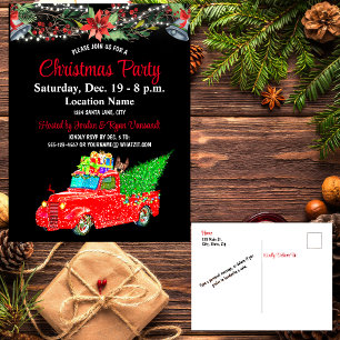 Red Truck, Dog, Botanical Christmas Party Postcard