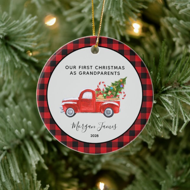 Red Truck First Christmas as. Grandparents Photo Ceramic Ornament (Tree)