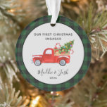 Red Truck First Christmas Engaged  Buffalo Plaid   Ornament<br><div class="desc">Red Truck First Christmas Engaged Buffalo Plaid - What a lovely way to commemorate your Engagement. You'll fondly remember your first Christmas engaged every year when you decorate your Christmas tree. Ornament makes a thoughtful gift for a newly engaged couple that will be treasured for years to come. Ornament will...</div>