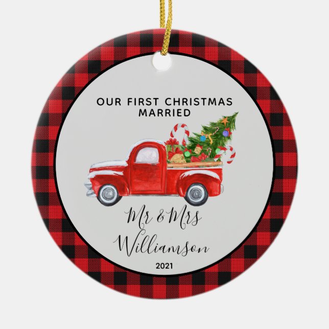 Red Truck First Christmas Married Buffalo Plaid  Ceramic Ornament (Front)