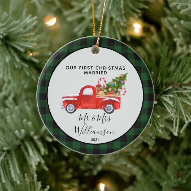 Red Truck First Christmas Married Buffalo Plaid  O Ceramic Ornament (Tree)
