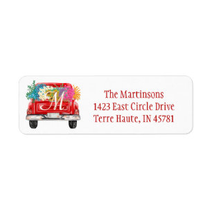 Red Truck Flowers Custom Monogram Return Address  