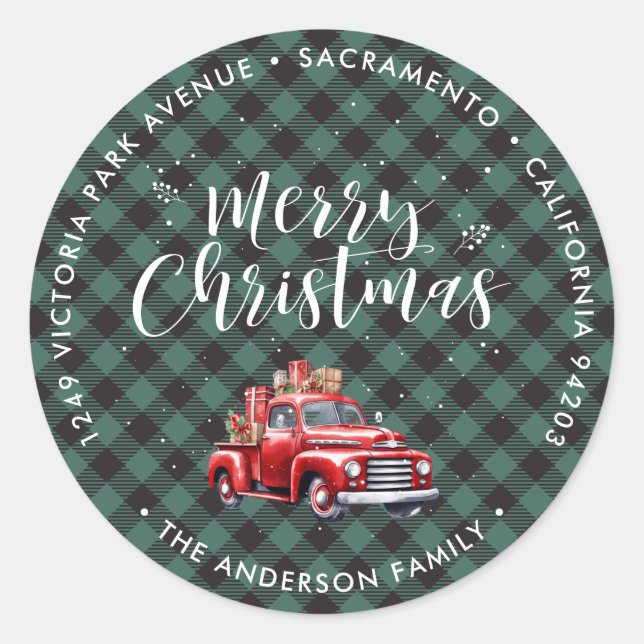 Red Truck Green Christmas Return Address Labels (Front)