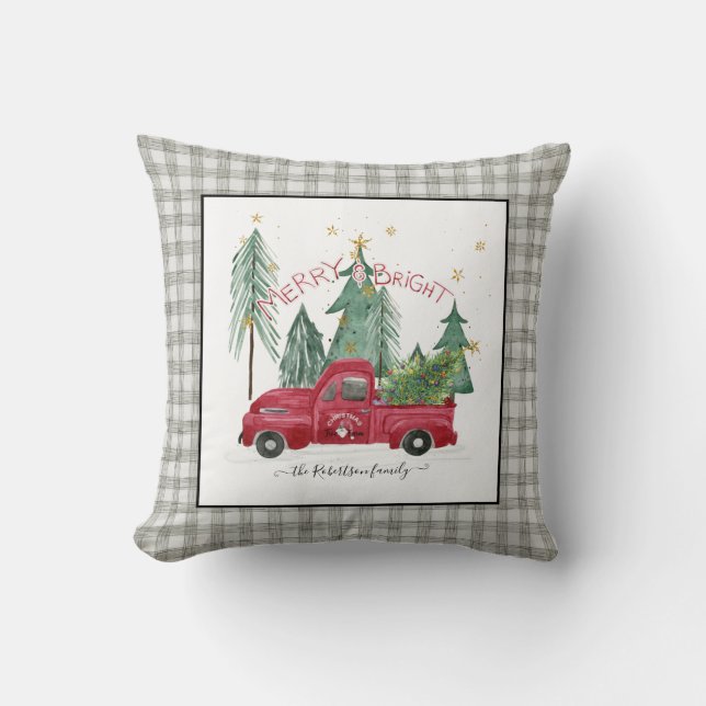 Red Truck Grey Gingham Buffalo Check Farmhouse Throw Pillow (Front)