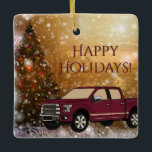 Red Truck in Christmas Winter Snow Scene Ceramic Ornament<br><div class="desc">This warm ceramic ornament features a red truck in a Christmas winter snow scene with "Happy Holidays!" in deep red text.  Personalize the back of this ornament with a name and year.</div>