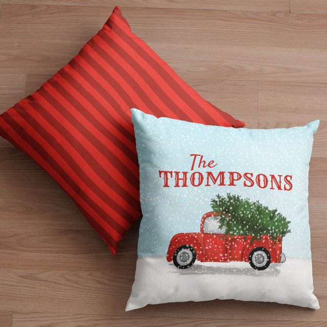 Red Truck in Snow Rustic Personalized Name Holiday Throw Pillow (Holiday rustic red truck custom throw pillow)