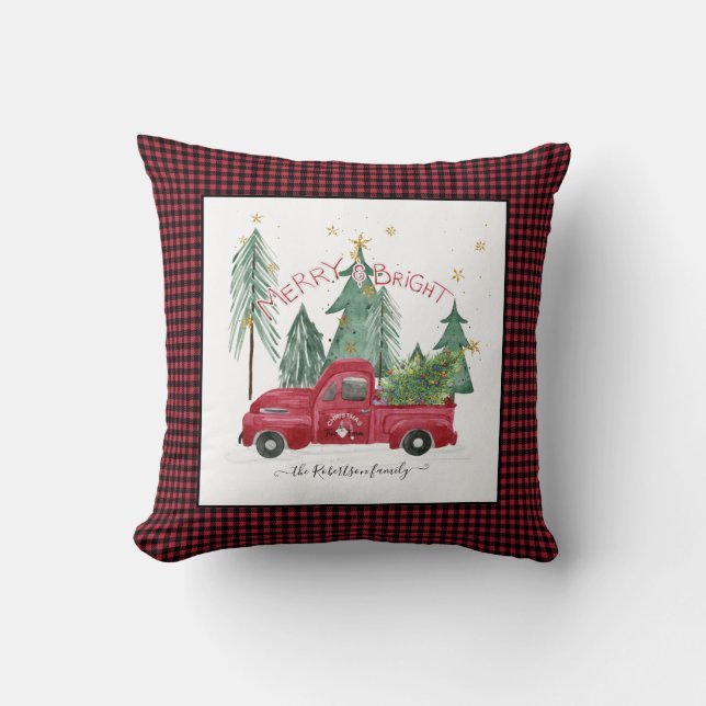 Red Truck Merry Bright Buffalo Check Farm House Throw Pillow (Front)