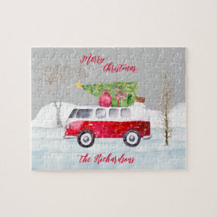 Red Truck Merry Christmas Grey Jigsaw Puzzle