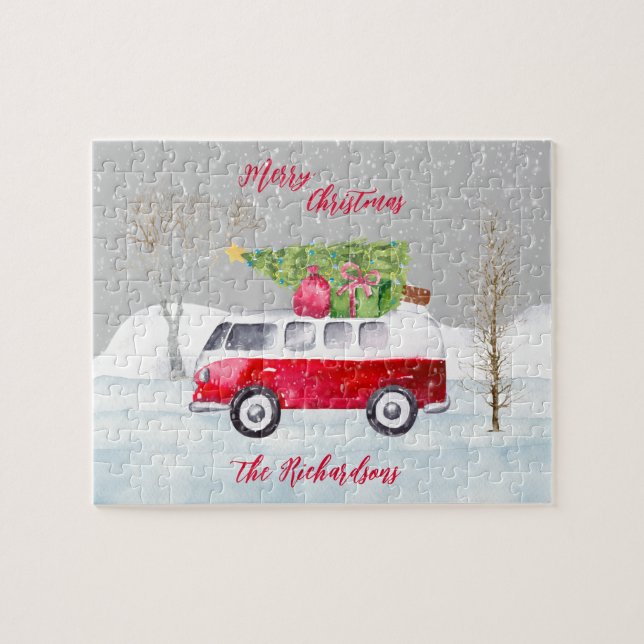 Red Truck Merry Christmas Grey Jigsaw Puzzle (Horizontal)