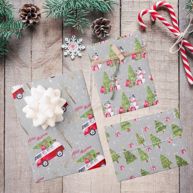 Red Truck Merry Christmas Grey Wrapping Paper  (Creator Uploaded)
