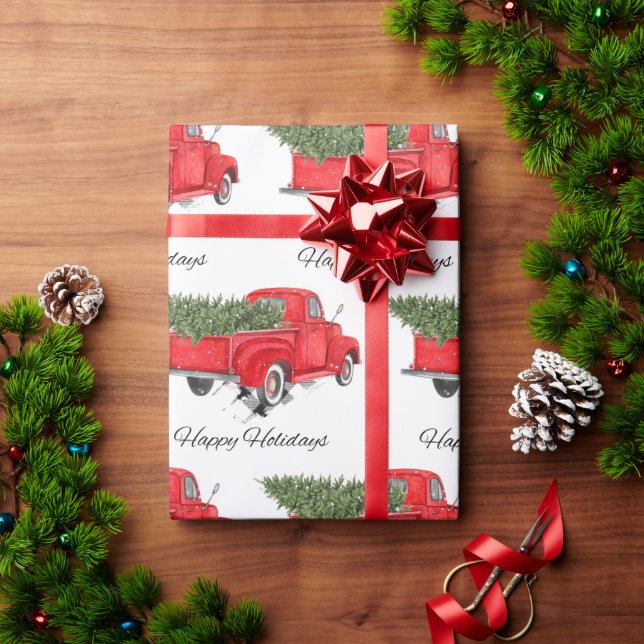 Red Truck Merry Christmas Happy Holidays Xmas Wrapping Paper (Holiday Gift)