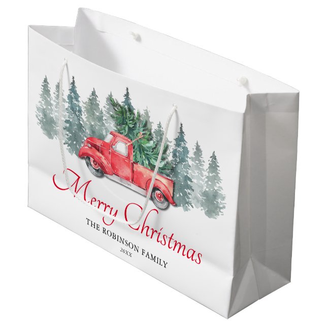 Red Truck Merry Christmas Large Gift Bag (Front Angled)