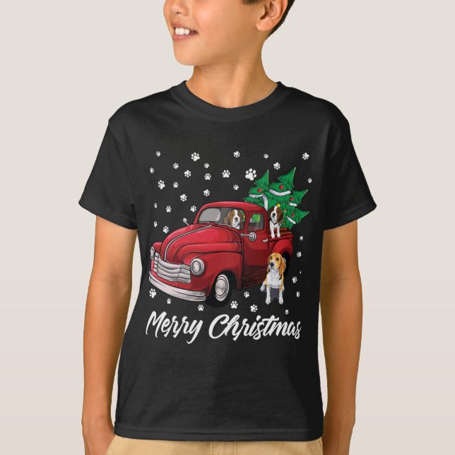 Red Truck Merry Christmas Tree Beagle Dog Christma T-Shirt (Front)