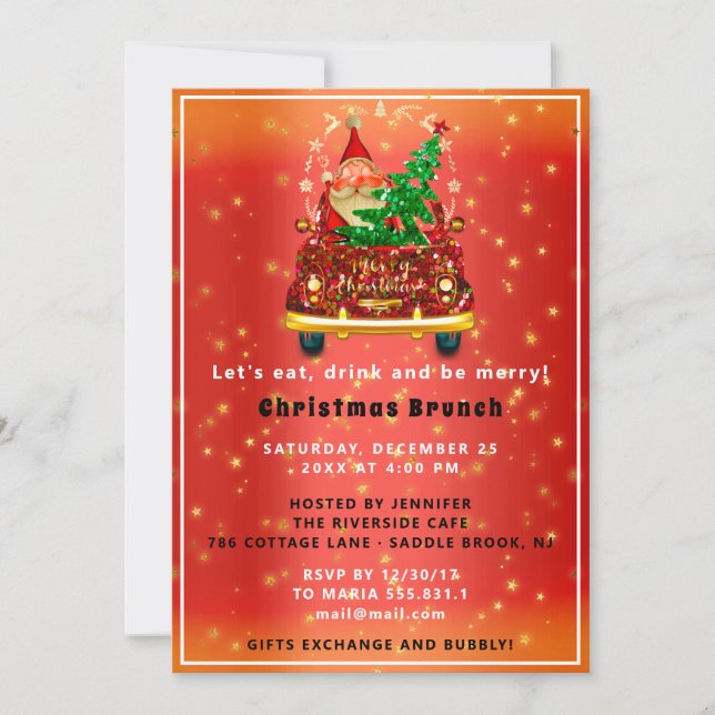 Red Truck Merry Christmas Tree Brunch Dinner Red Invitation (Front)