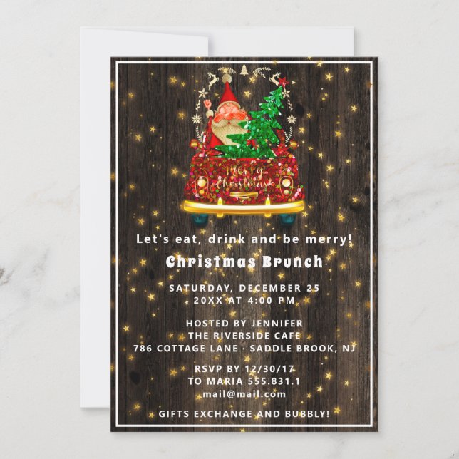 Red Truck Merry Christmas Tree Brunch Dinner Wood Invitation (Front)