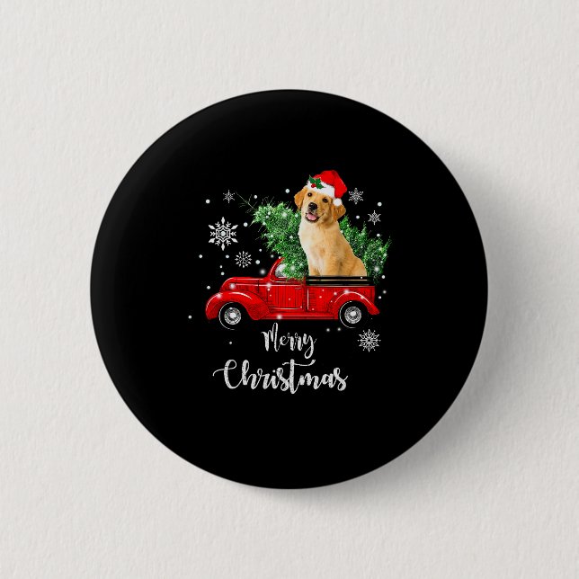 Red Truck Merry Christmas Tree Golden Retriever Ch 2 Inch Round Button (Front)