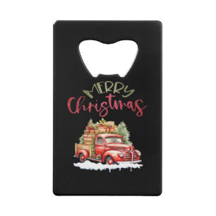 Red Truck Merry Christmas Tree Santa Cute Vintage Credit Card Bottle Opener