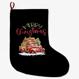 Red Truck Merry Christmas Tree Santa Cute Vintage  Large Christmas Stocking