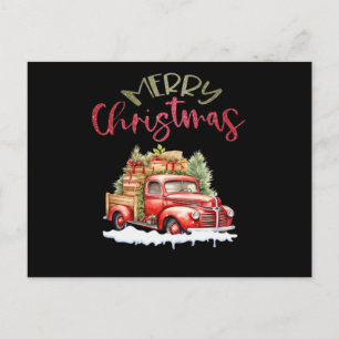 Red Truck Merry Christmas Tree Santa Cute Vintage Postcard