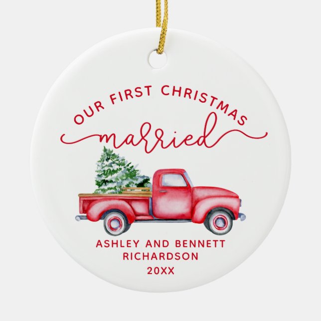 Red Truck Our First Christmas Married Photo  Ceramic Ornament (Front)