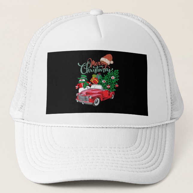 Red Truck Pickup Christmas Tree Merry Christmas Sn Trucker Hat (Front)