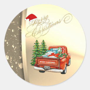 Red Truck Pine Tree Christmas  Faux Gold Classic Round Sticker