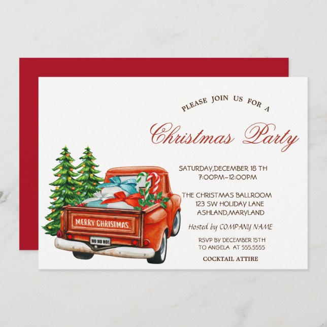 Red Truck Pine Tree Christmas Party Invitation (Front/Back)
