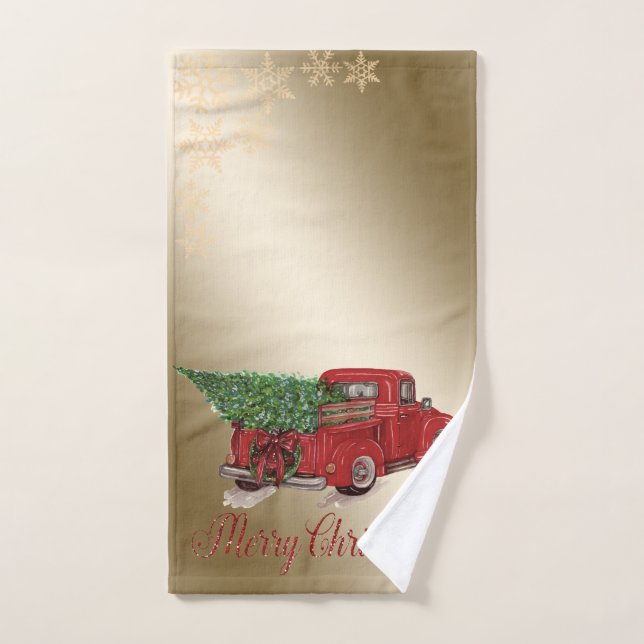 Red Truck Pine Tree Christmas ,Snowflakes,Gold Bath Towel Set (Hand Towel)
