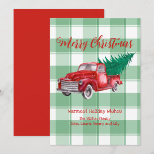 Red Truck Pine Tree Merry Christmas Green Gingham Holiday Card