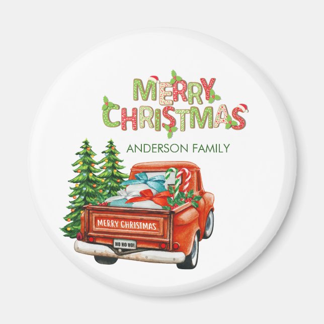 Red Truck Pine Tree Merry Christmas Magnet (Front)