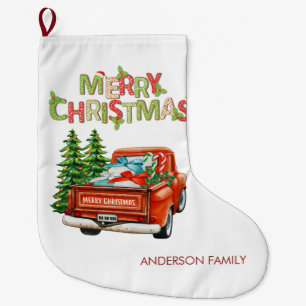 Red Truck Pine Tree Merry Christmas-Personalized Large Christmas Stocking