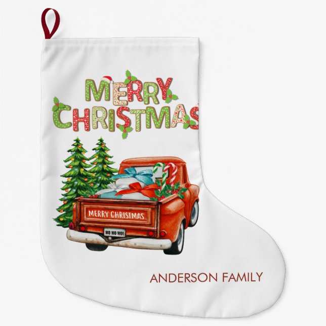 Red Truck Pine Tree Merry Christmas-Personalized Large Christmas Stocking (Front)