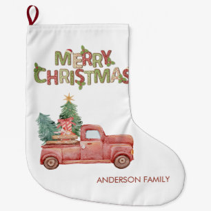 Red Truck Pine Tree Presents Merry Christmas Large Christmas Stocking