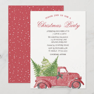 Red Truck Pine Tree Snow Christmas Party Invitation
