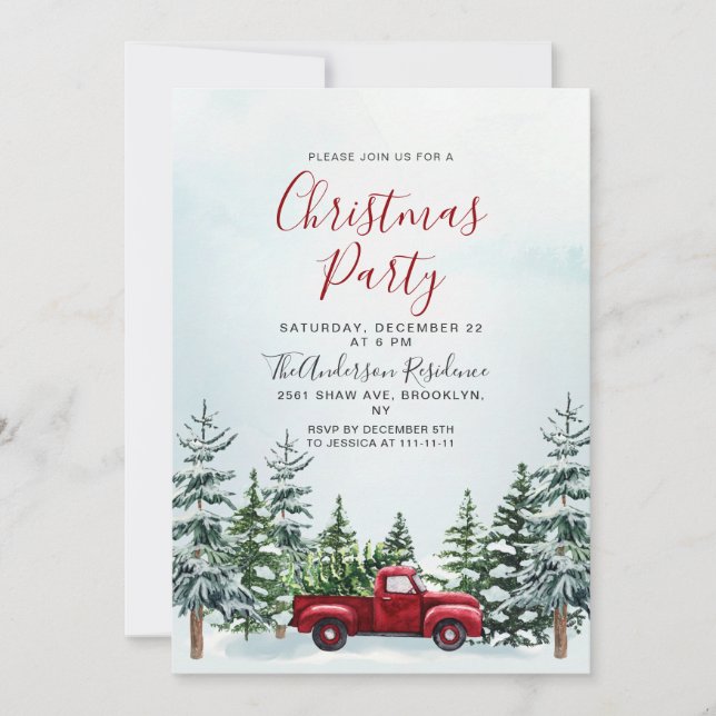 Red Truck Pine Trees Christmas Christmas Party Invitation (Front)