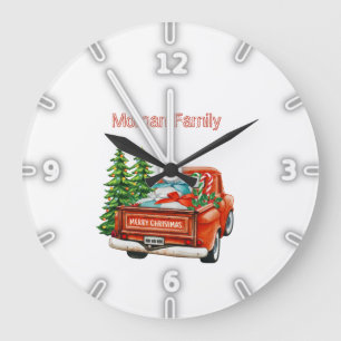 Red Truck Pine Trees Christmas Large Clock