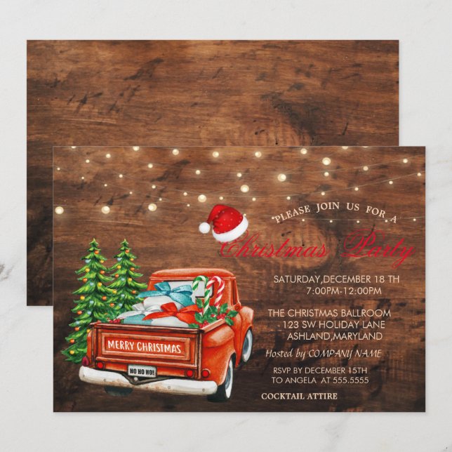 Red Truck Pine Trees,Lights Wood Christmas Party Invitation (Front/Back)