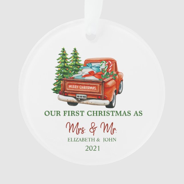 Red Truck Pine Trees Our First Christmas Holiday Ornament (Front)