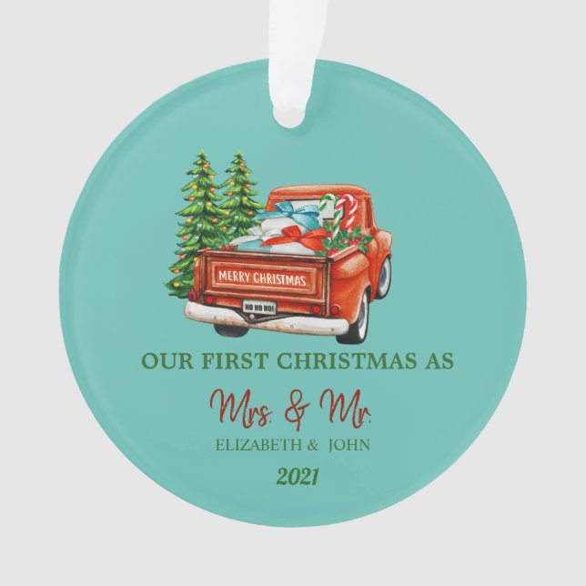 Red Truck Pine Trees Our First Christmas Ornament (Front)