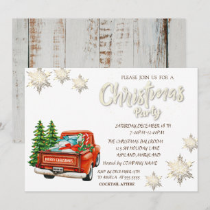 Red Truck Pine Trees Snowflakes Wood Christmas Invitation